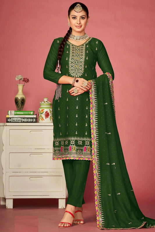 Green Colour Vichitra Silk Pant Style Suit SM1110592