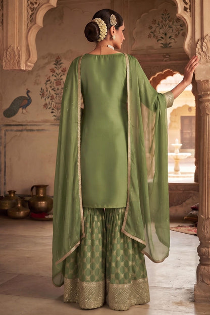 Green Colour Viscose Embroidery Work Palazzo Pant Suit