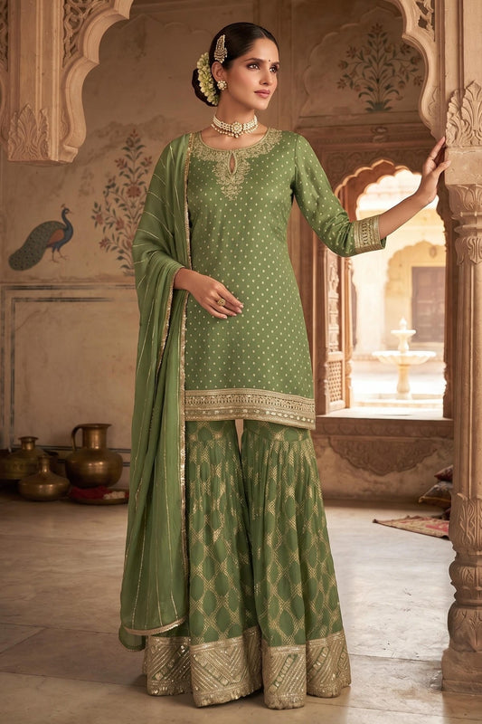 Green Colour Viscose Embroidery Work Palazzo Pant Suit
