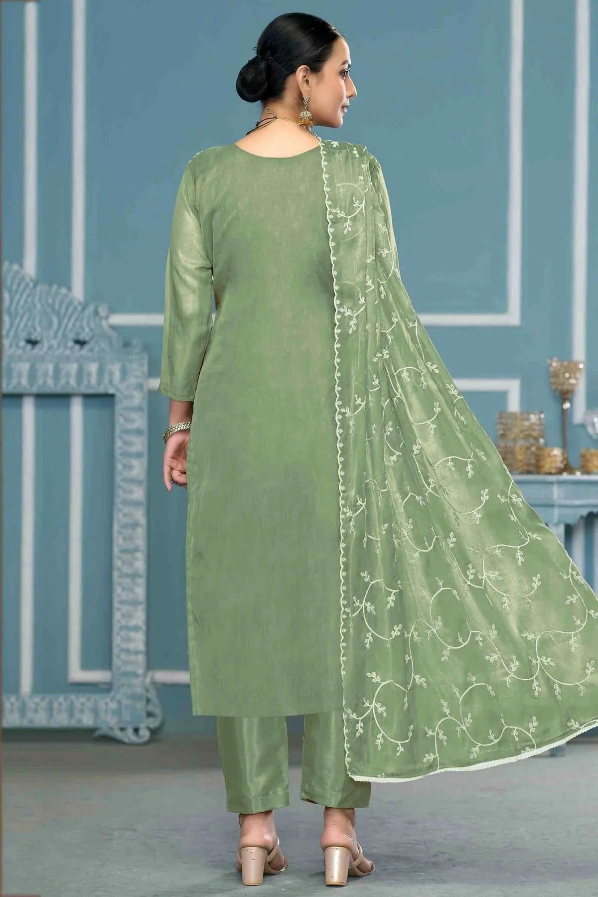 Green Colour Viscose Organza Pant Style Suit SM1113203 A