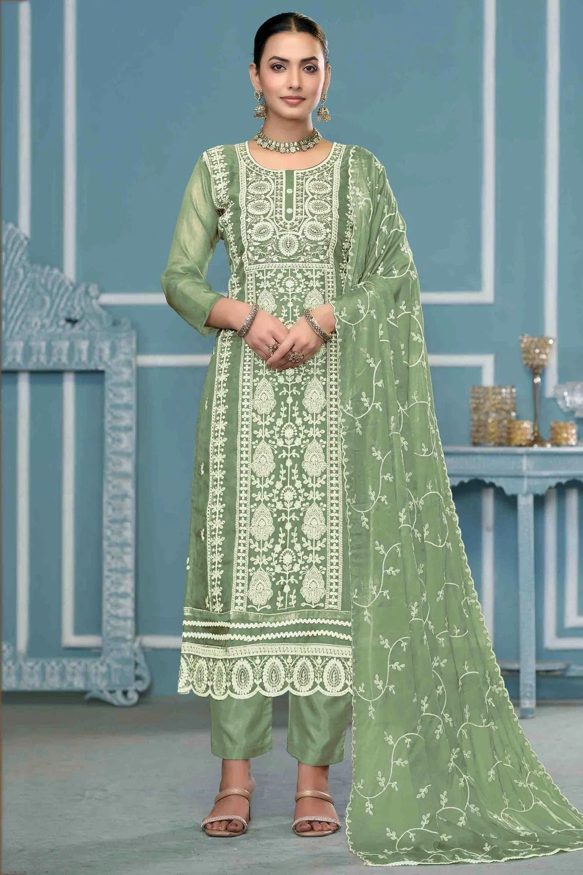 Green Colour Viscose Organza Pant Style Suit SM1113203