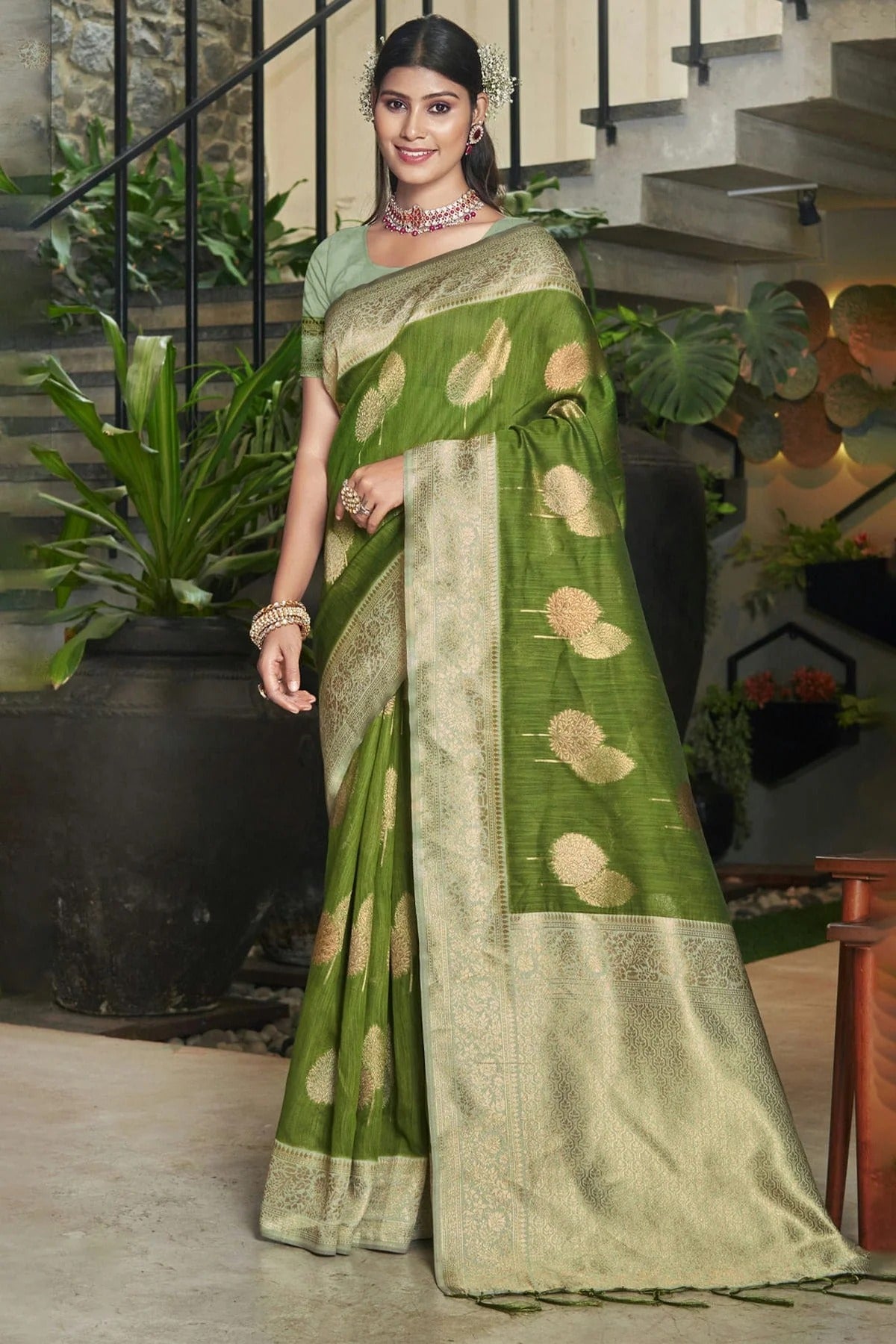 Green Colour Woven Work Cotton Saree SD1101561