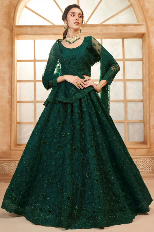 Green Embroidery Net and SilK Lehenga Choli LC1290150