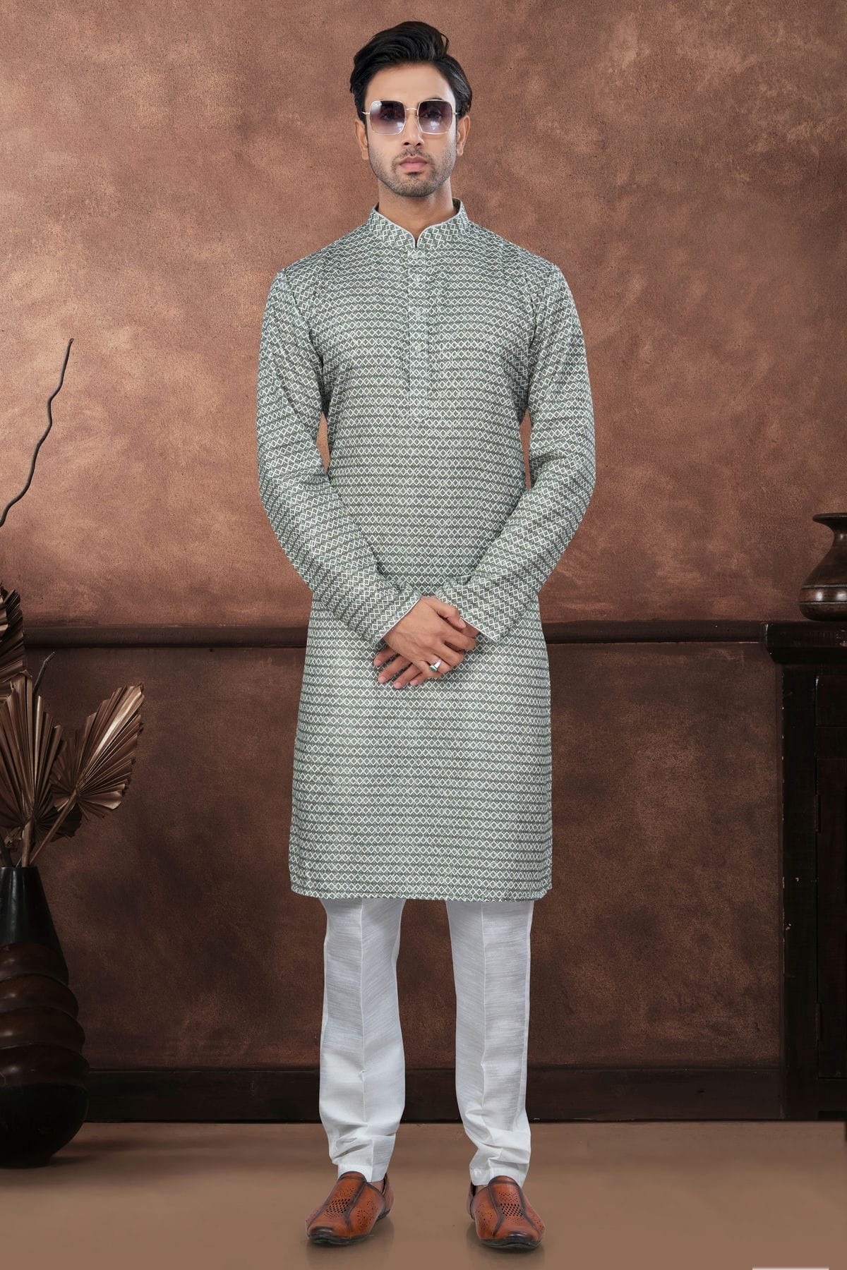 Green Jacquard Kurta Pajama KP1040679