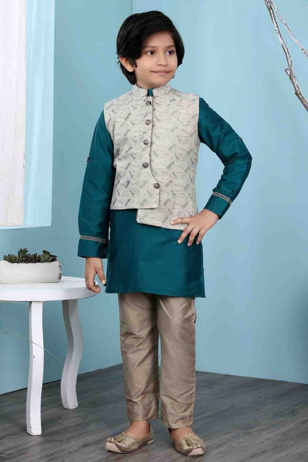 Green and Beige Colour Cotton Silk Kurta Pajama With Jacket BW1070116 A