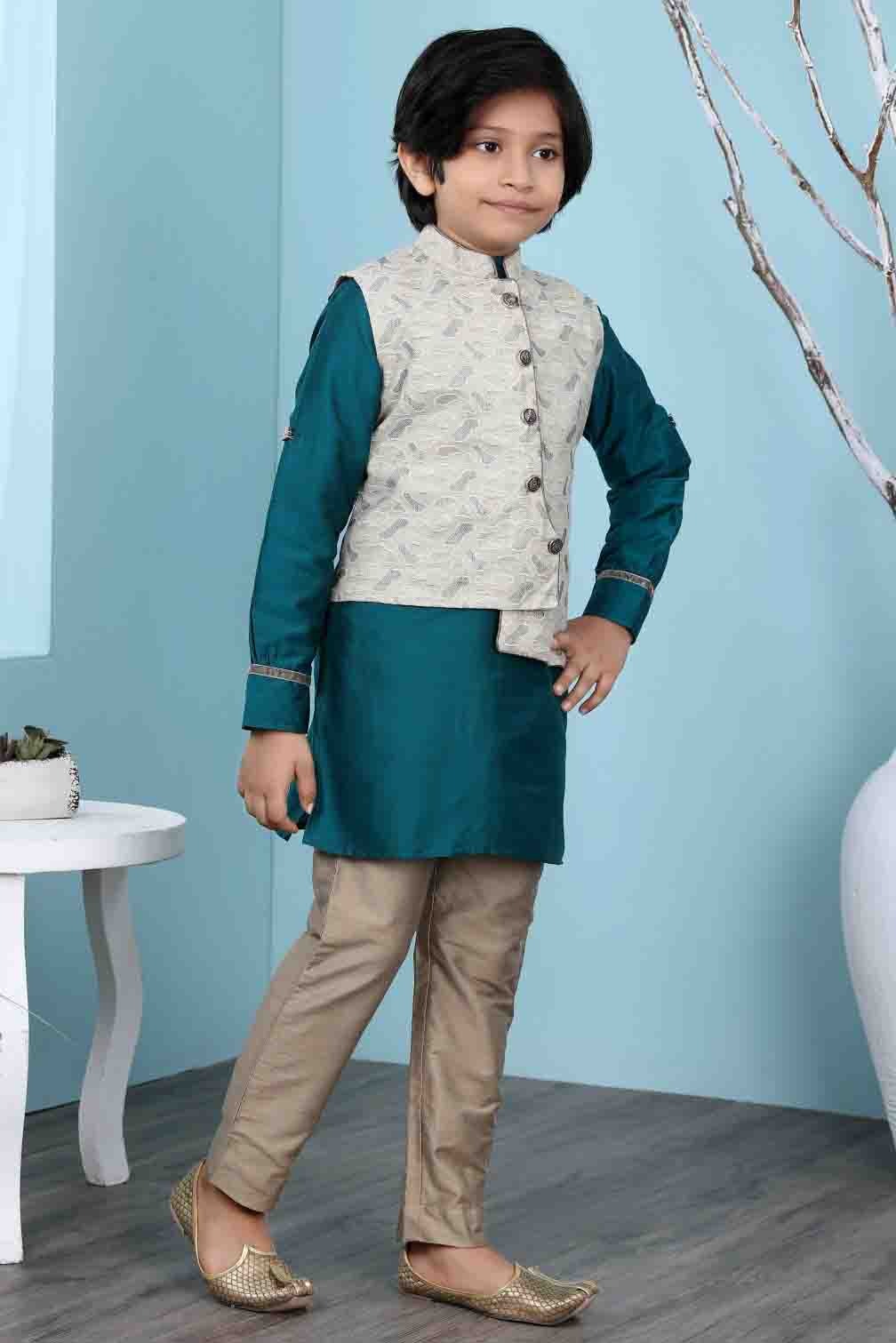 Green and Beige Colour Cotton Silk Kurta Pajama With Jacket BW1070116 B