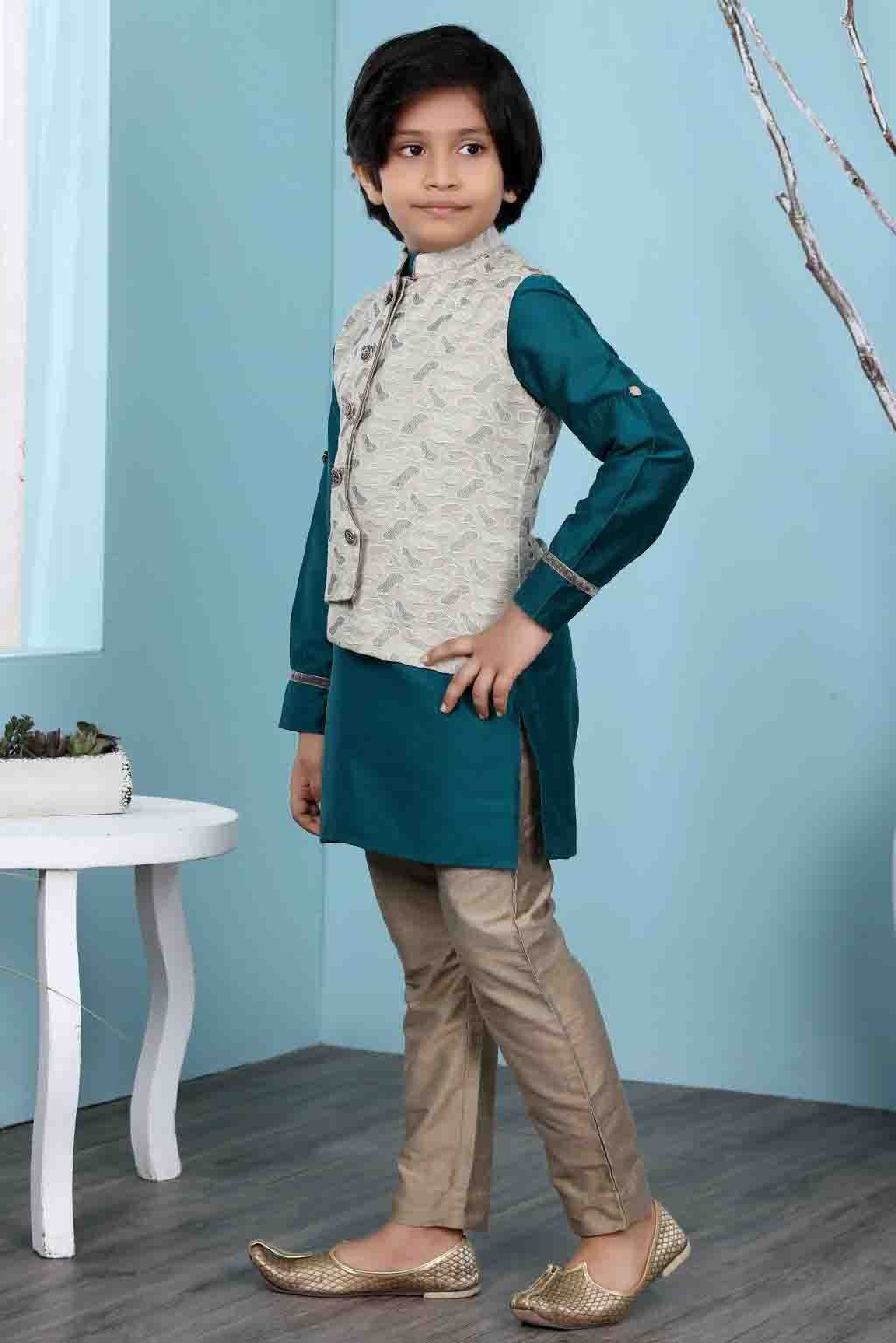 Green and Beige Colour Cotton Silk Kurta Pajama With Jacket BW1070116 C