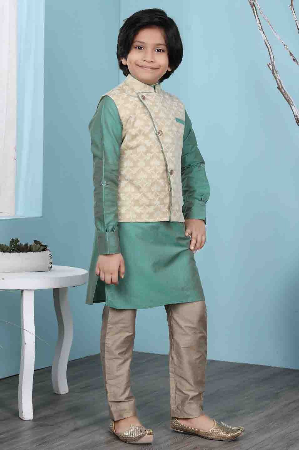 Green and Beige Colour Cotton Silk Kurta Pajama With Jacket BW1070118 A