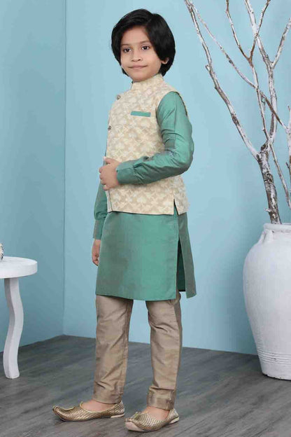 Green and Beige Colour Cotton Silk Kurta Pajama With Jacket BW1070118 B