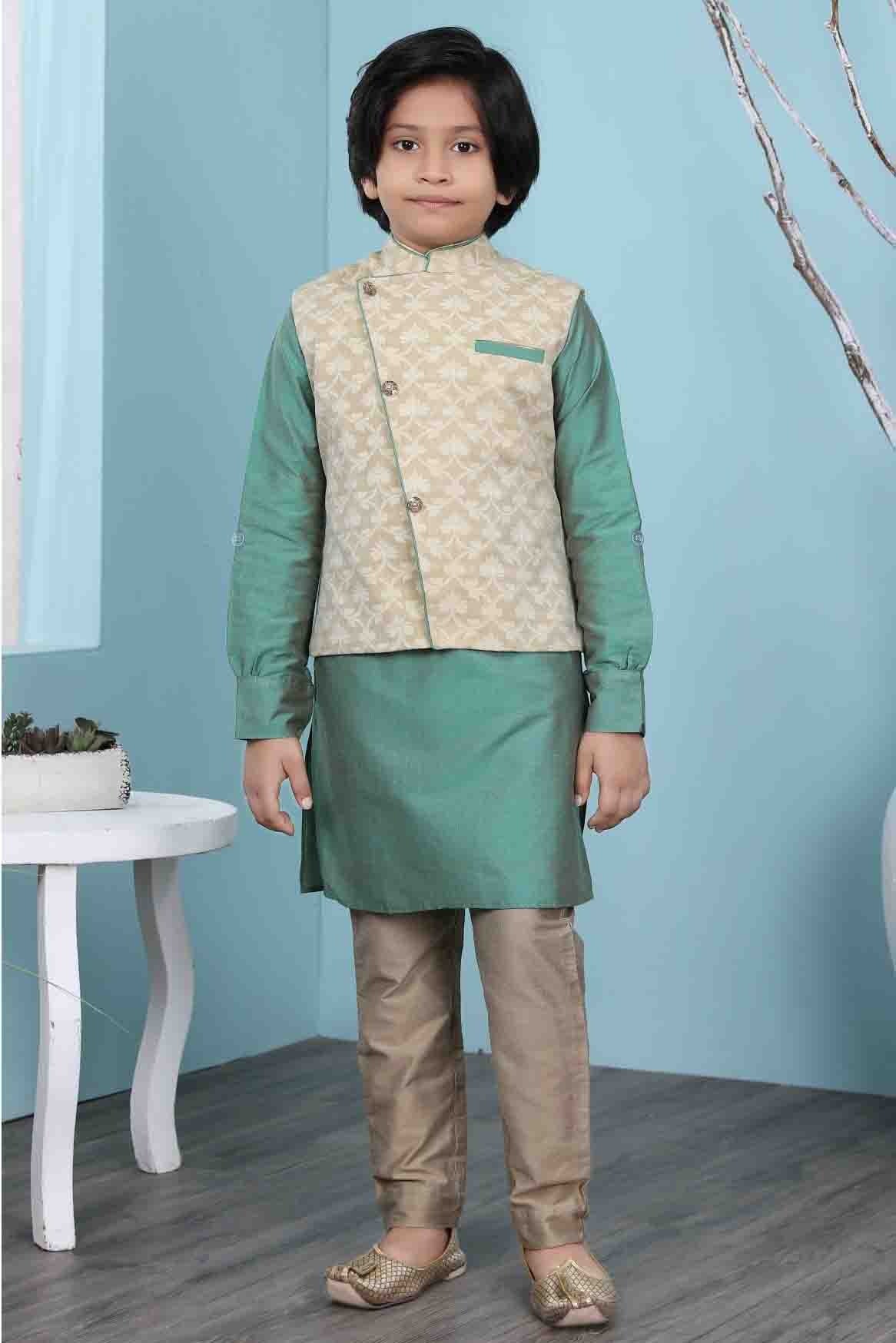 Green and Beige Colour Cotton Silk Kurta Pajama With Jacket BW1070118