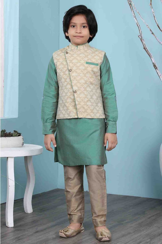Green and Beige Colour Cotton Silk Kurta Pajama With Jacket BW1070118