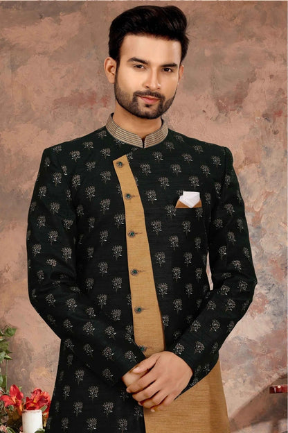 Green and Beige Colour Jacquard Thread Work Sherwani SH1040354 A