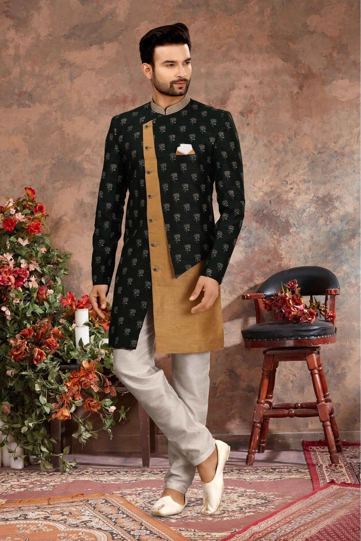Green and Beige Colour Jacquard Thread Work Sherwani SH1040354