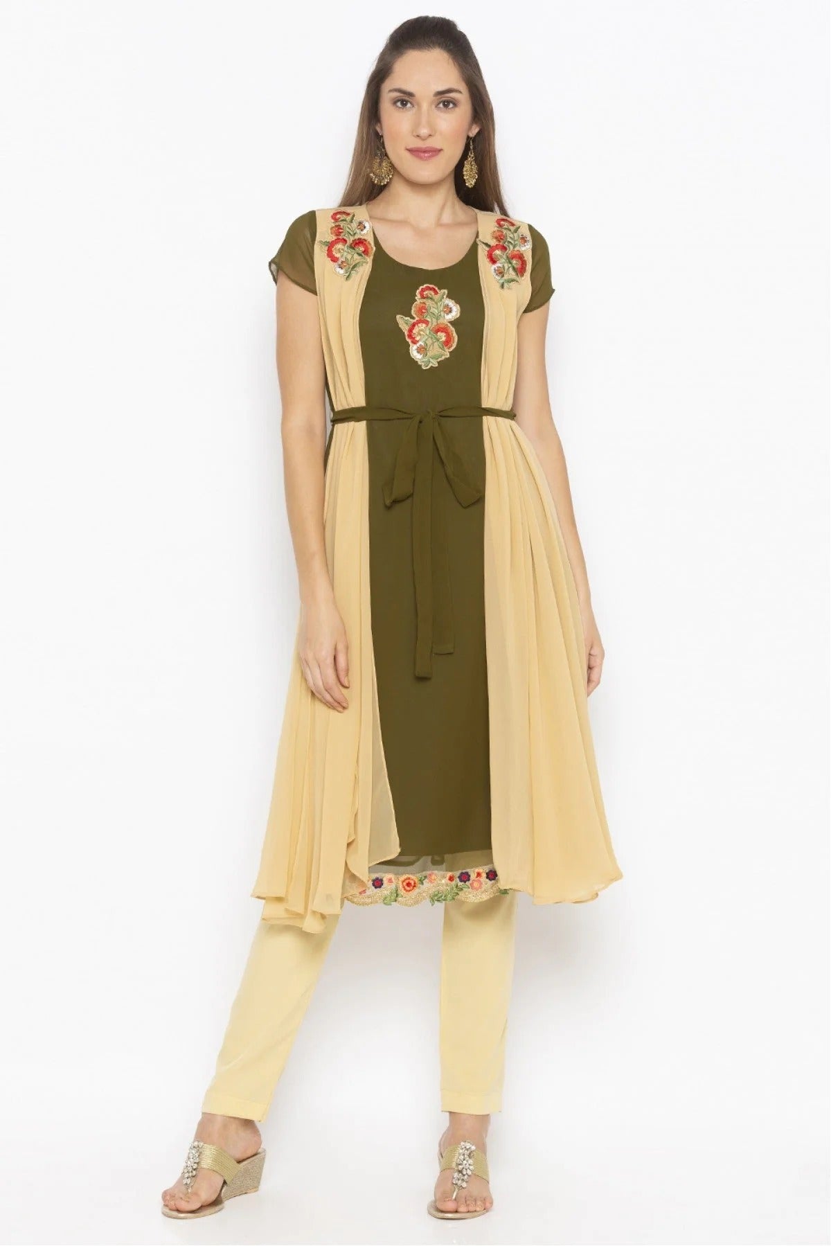 Green and Beige Colour Plus Size Georgette Embroidery Kurta Set KR1070679