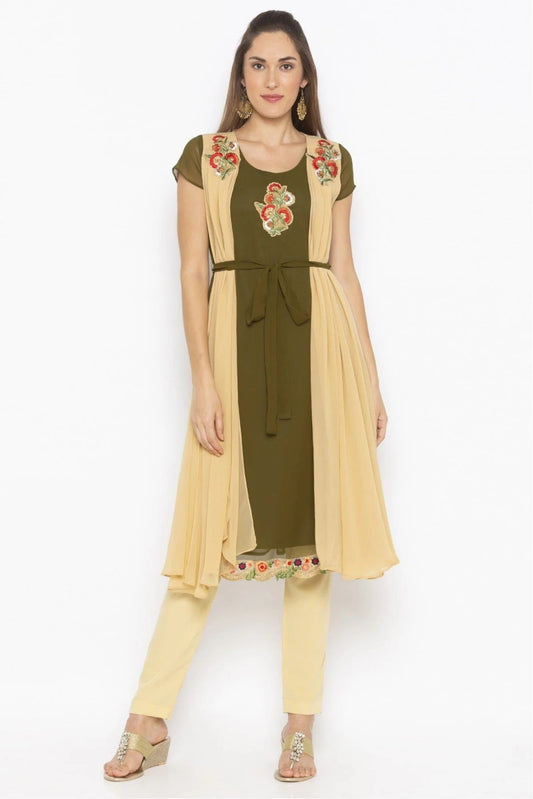 Green and Beige Colour Plus Size Georgette Embroidery Kurti KR1070651