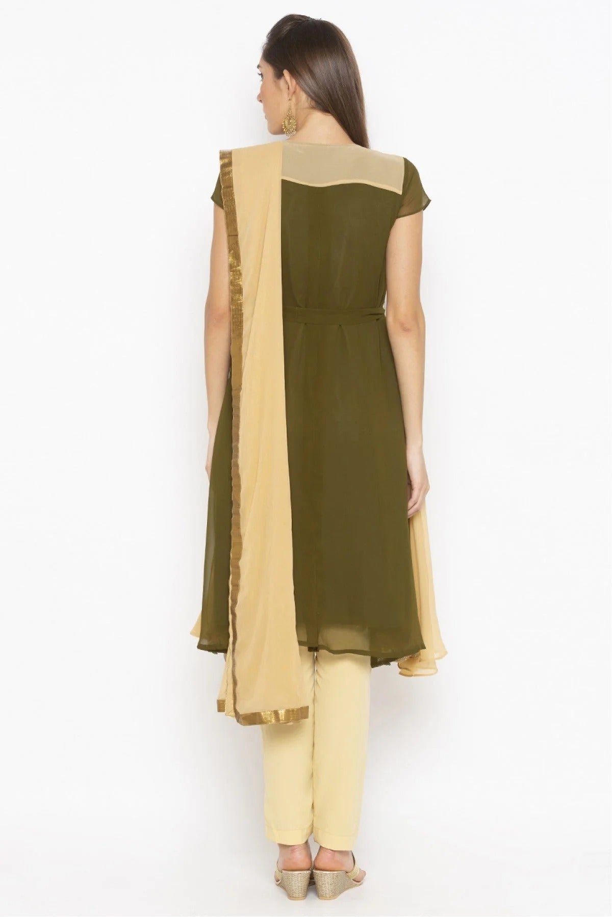Green and Beige Colour Plus Size Georgette Embroidery Pant Style Suit BW1070322 A