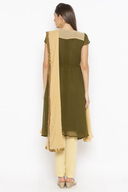 Green and Beige Colour Plus Size Georgette Embroidery Pant Style Suit BW1070322 A