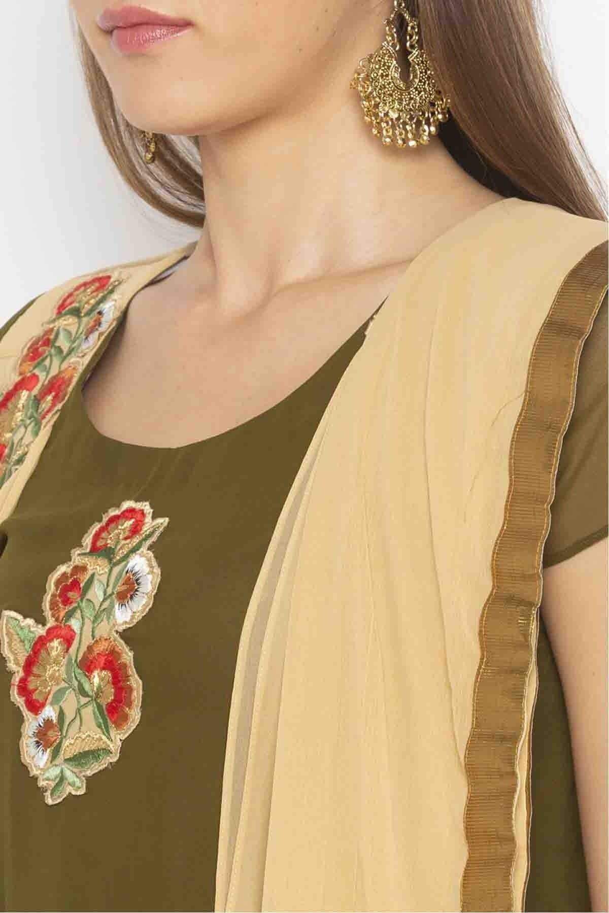 Green and Beige Colour Plus Size Georgette Embroidery Pant Style Suit BW1070322 B
