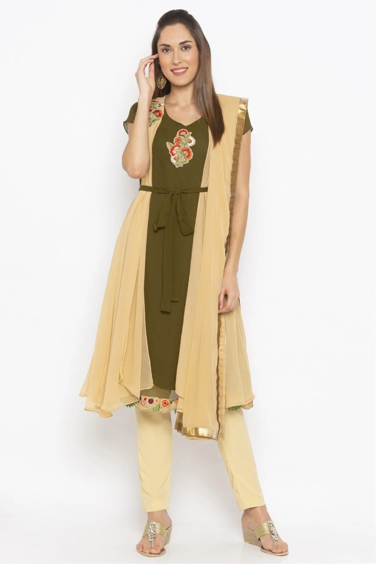 Green and Beige Colour Plus Size Georgette Embroidery Pant Style Suit BW1070322