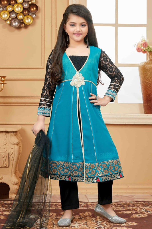 Green and Black Colour Faux Georgette Pant Style Suit GW1070767