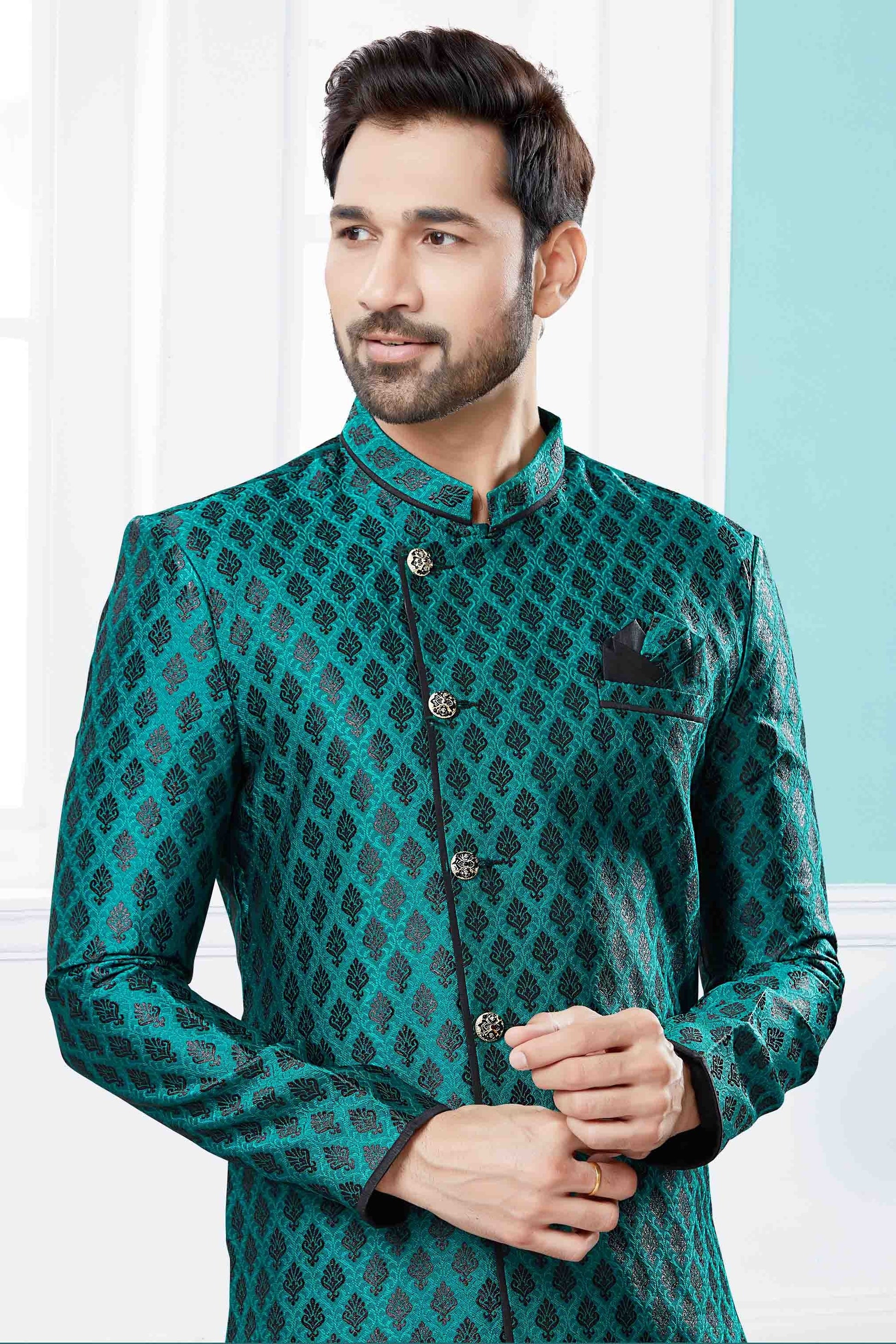 Green and Black Colour Indo Western In Banarasi Jacquard Fabric SH1040442 A