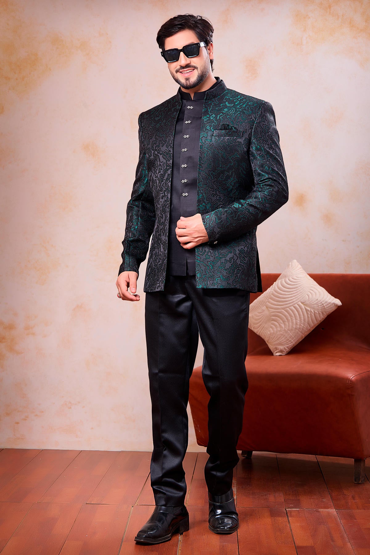 Green and Black Colour Thread Work Embroidery Jacquard Jodhpuri