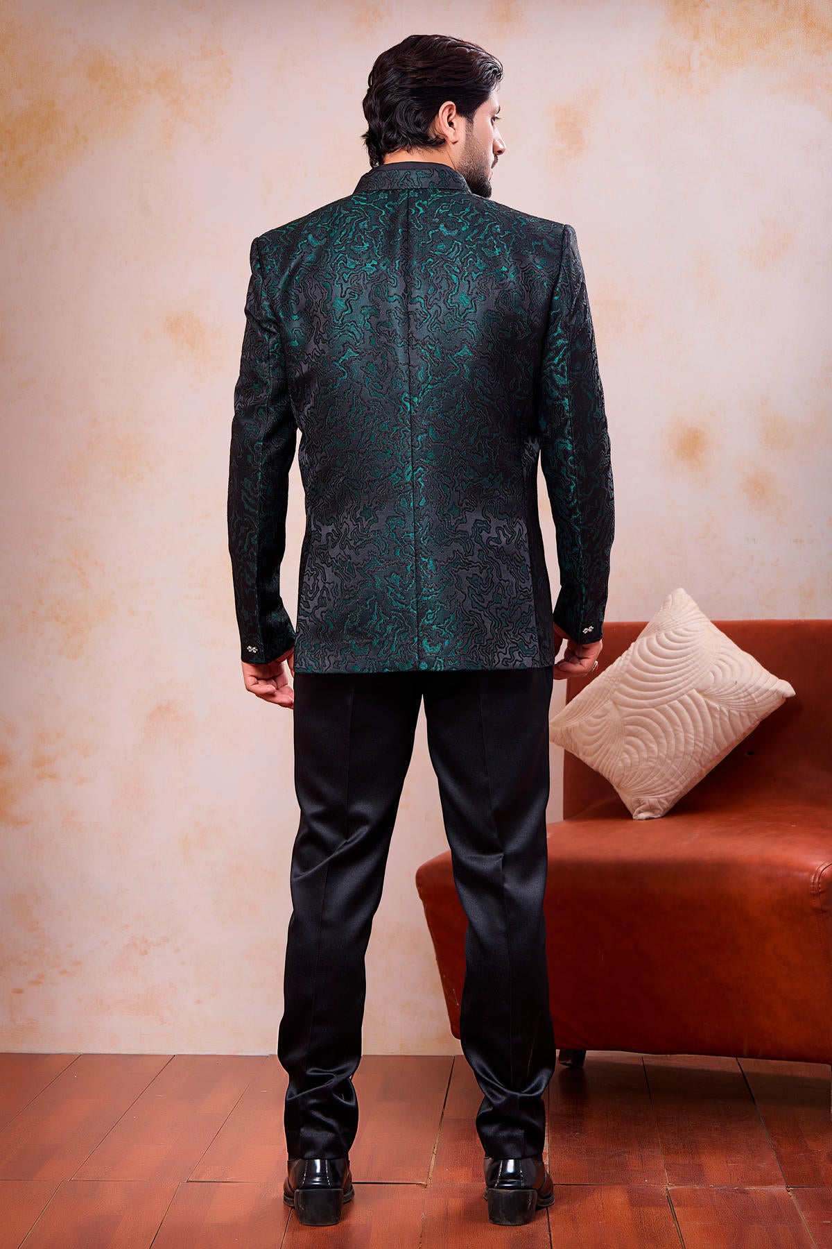Green and Black Colour Thread Work Embroidery Jacquard Jodhpuri