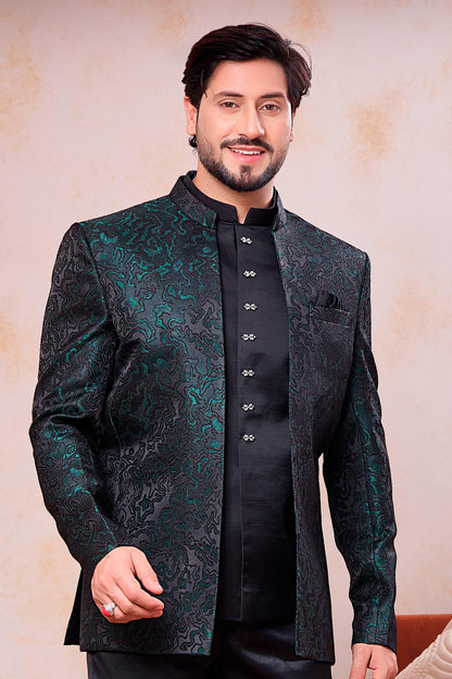 Green and Black Colour Thread Work Embroidery Jacquard Jodhpuri