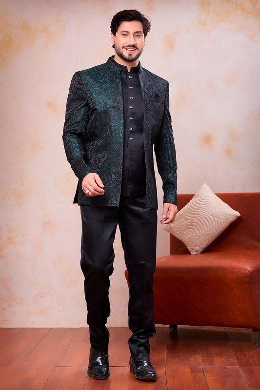 Green and Black Colour Thread Work Embroidery Jacquard Jodhpuri