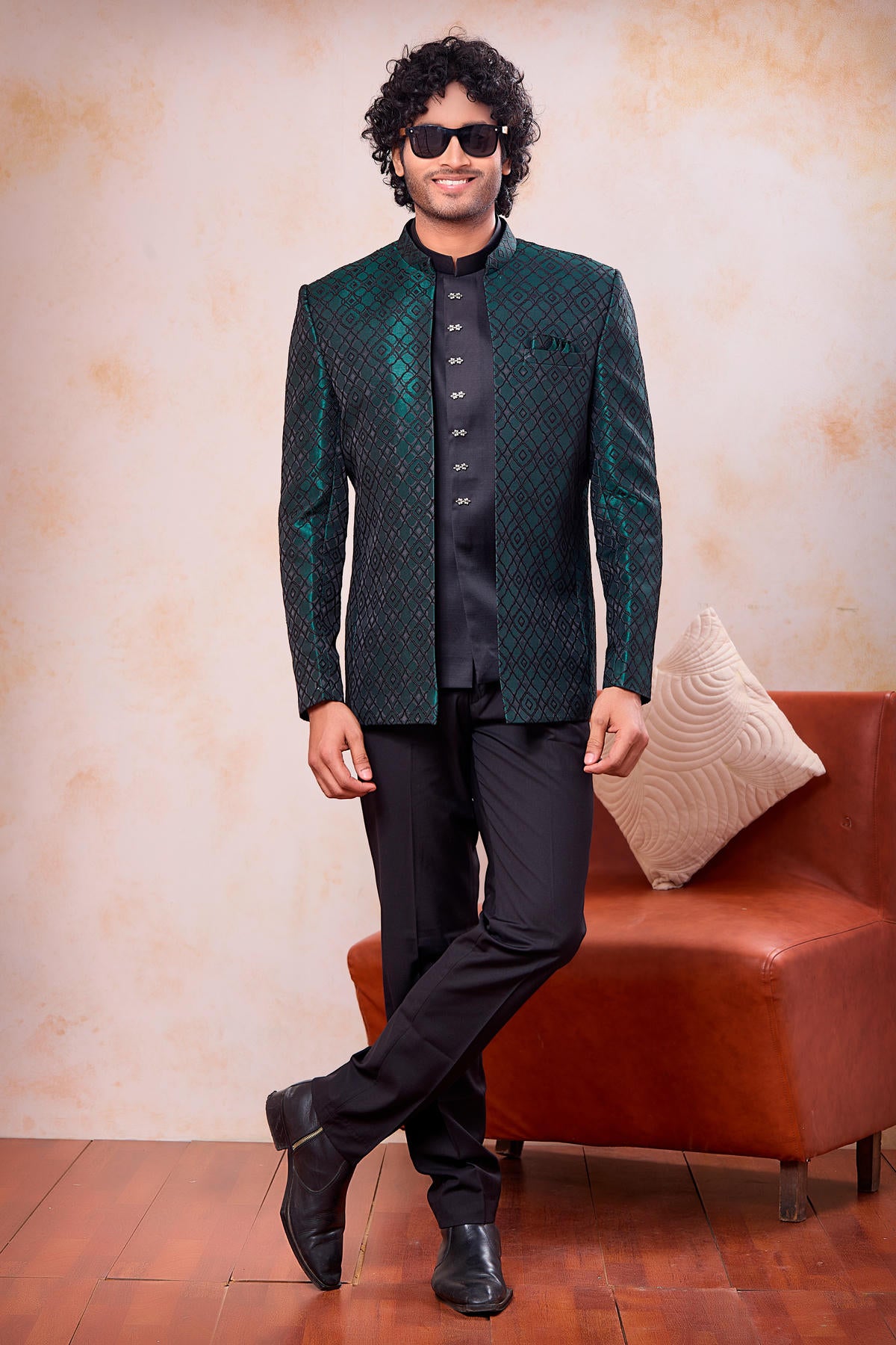 Green and Black Colour Thread Work Embroidery Jacquard Jodhpuri
