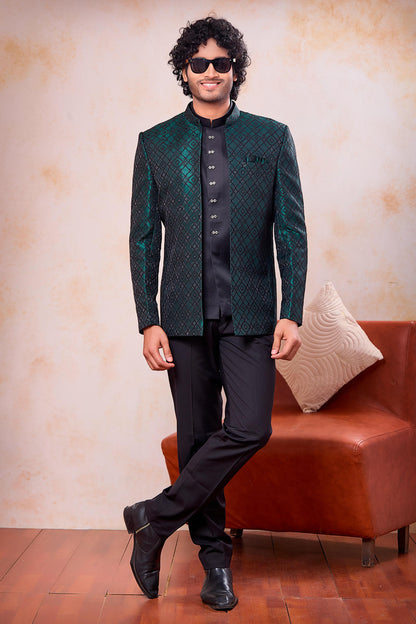 Green and Black Colour Thread Work Embroidery Jacquard Jodhpuri
