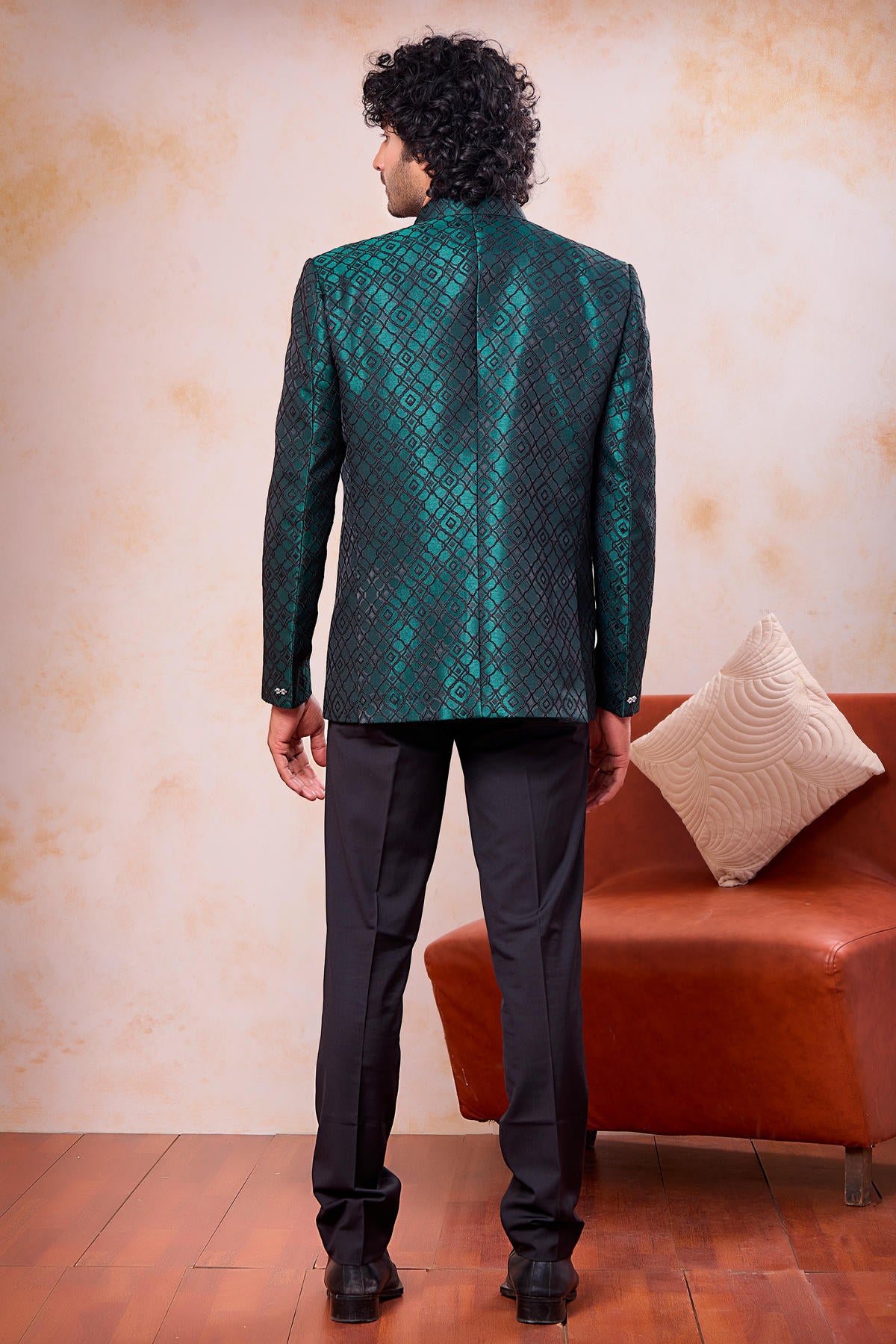 Green and Black Colour Thread Work Embroidery Jacquard Jodhpuri