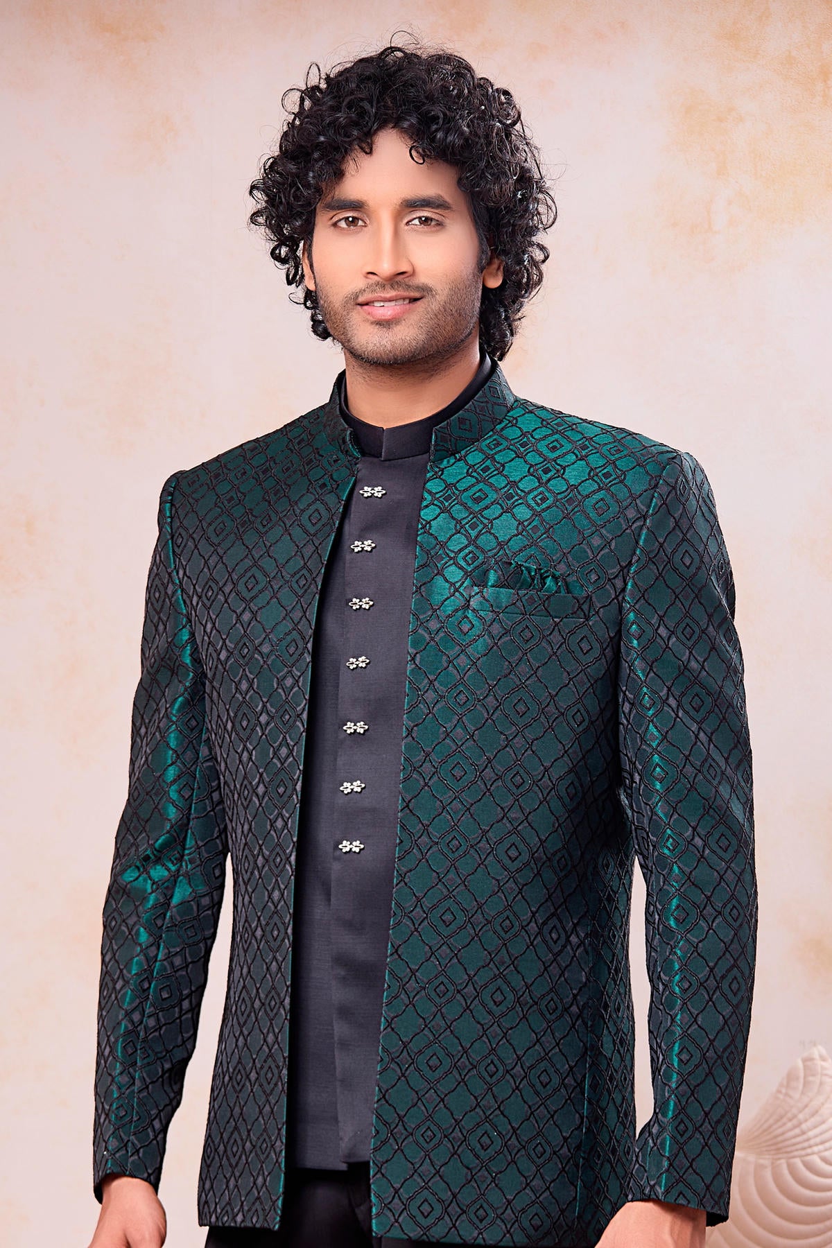 Green and Black Colour Thread Work Embroidery Jacquard Jodhpuri