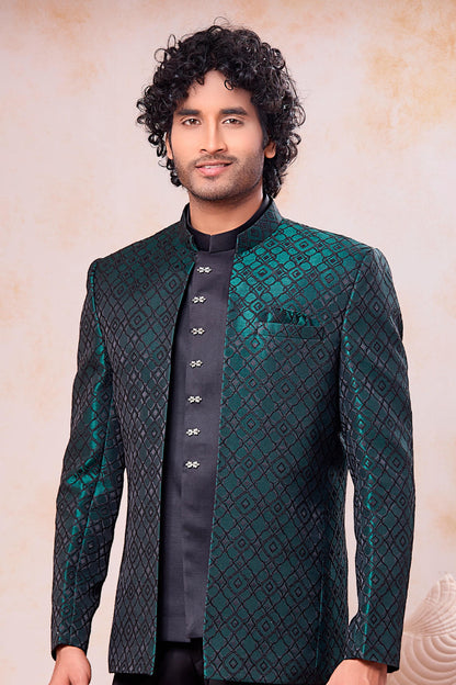 Green and Black Colour Thread Work Embroidery Jacquard Jodhpuri