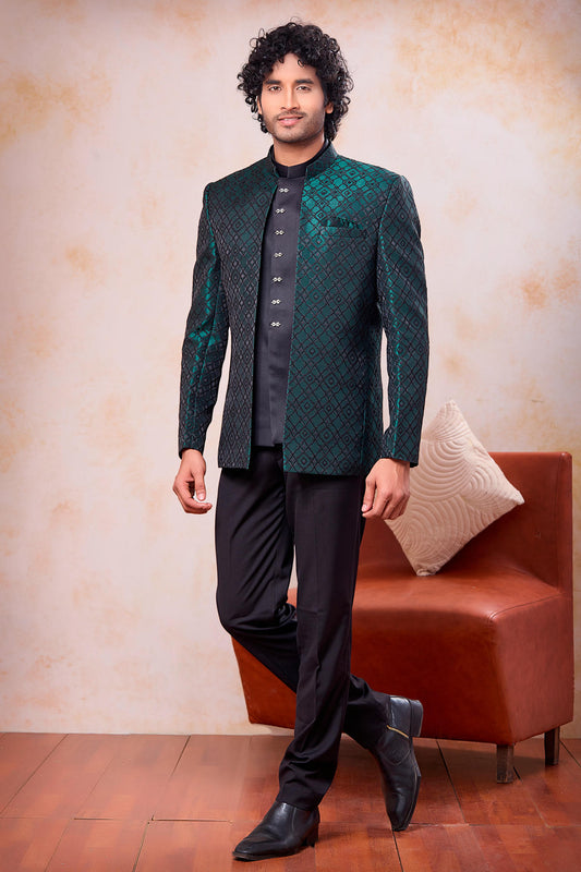 Green and Black Colour Thread Work Embroidery Jacquard Jodhpuri