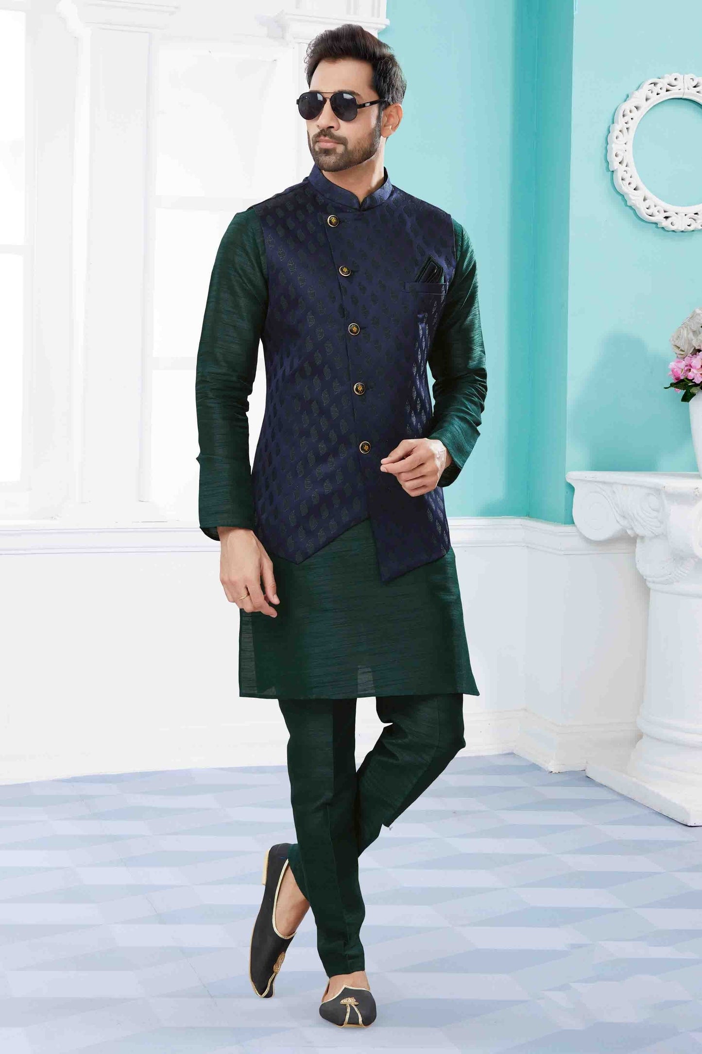 Green and Blue Colour Kurta Pajama With Jacket In Silk Dupion Fabric KP1040454