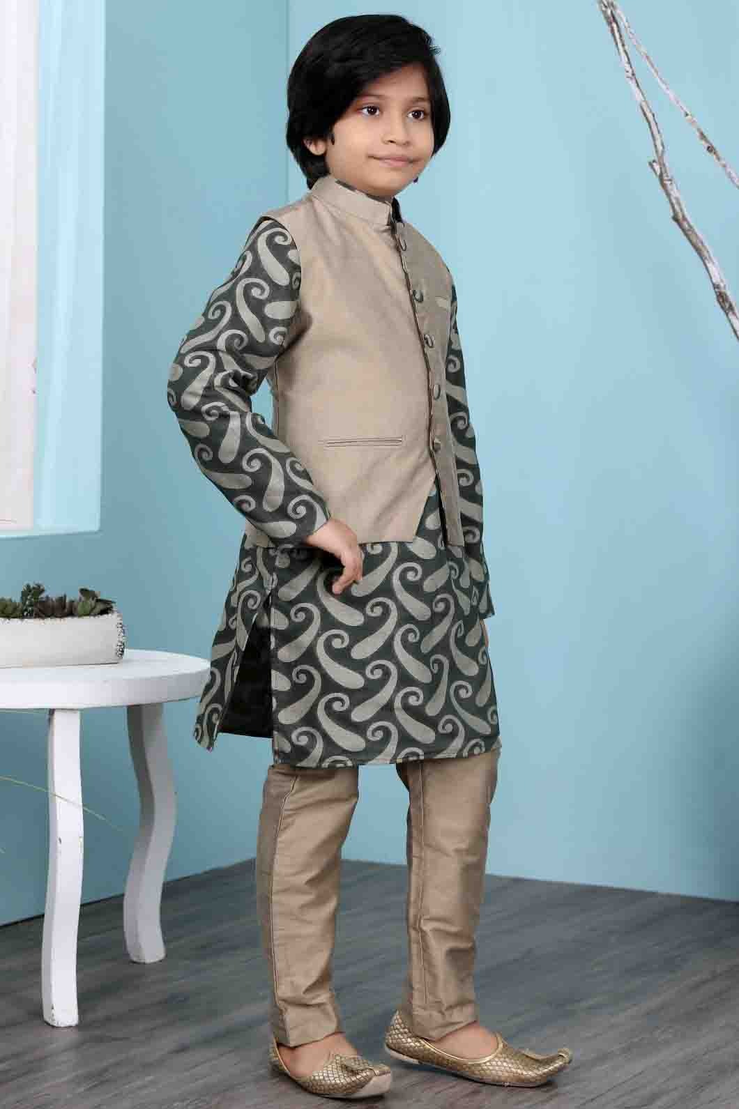 Green and Brown Colour Handloom Silk Kurta Pajama With Jacket BW1070113 B