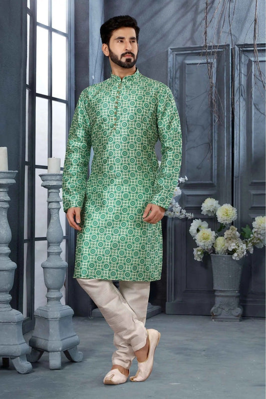 Green and Cream Colour Kurta Pajama In Silk Fabric KP1040154