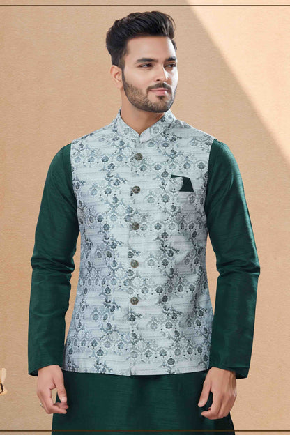 Green and Grey Colour Kurta Pajama With Jacket In Silk Dupion Fabric KP1040466 A