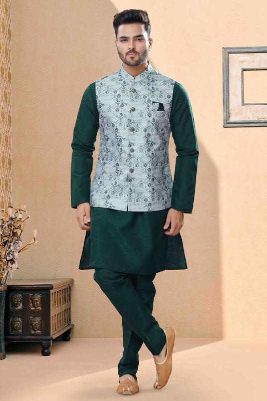Green and Grey Colour Kurta Pajama With Jacket In Silk Dupion Fabric KP1040466