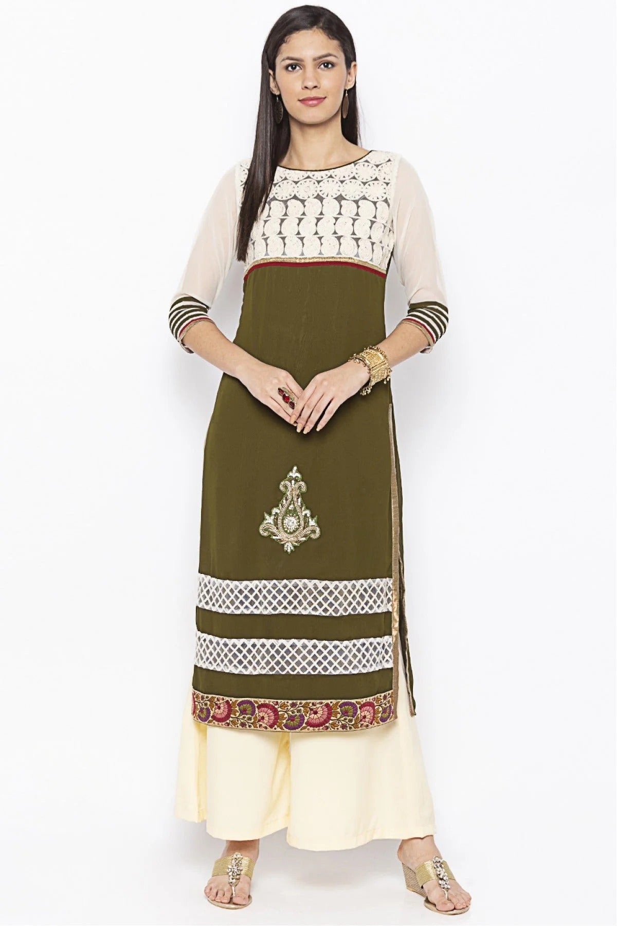 Green and White Colour Plus Size Georgette Embroidery Kurta Set KR1070658