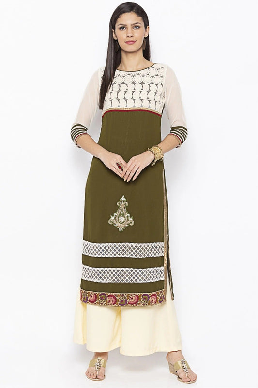 Green and White Colour Plus Size Georgette Embroidery Kurta Set KR1070658