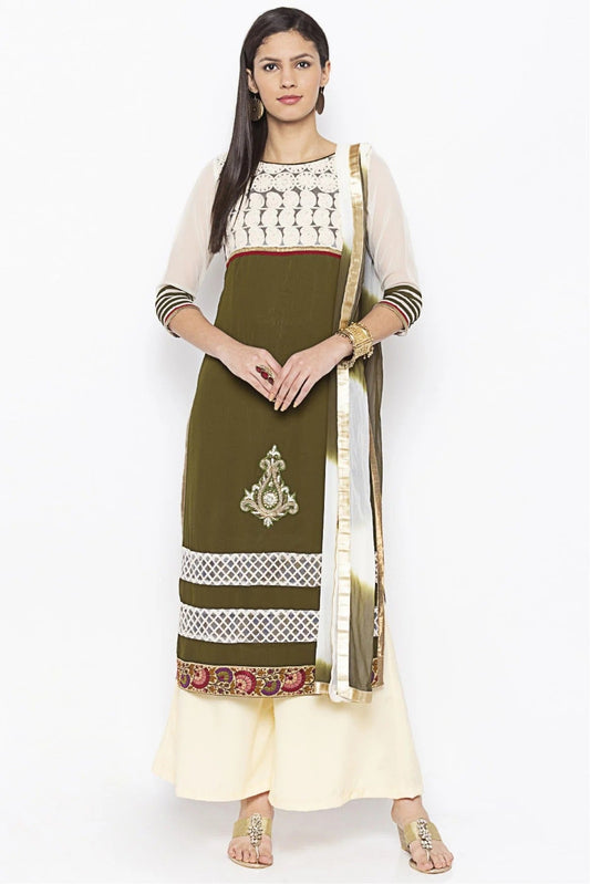 Green and White Colour Plus Size Georgette Embroidery Palazzo Pant Suit BW1070300