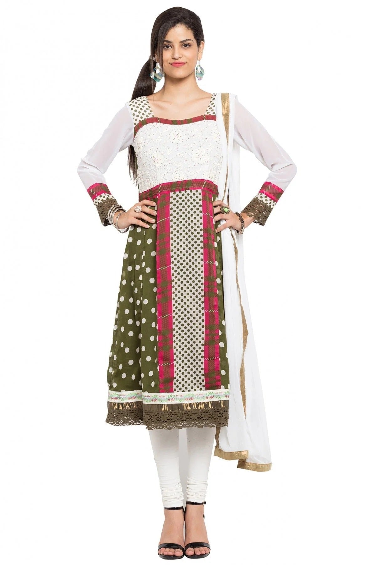 Green and White Colour Plus Size Stitched Faux Georgette Anarkali Suit BW1070162