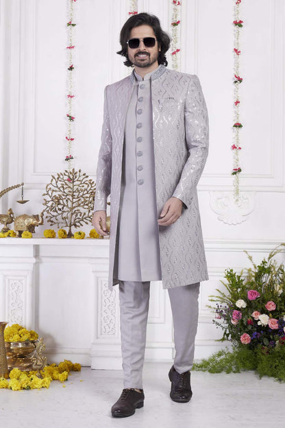 Grey Art Silk Embroidery Work 3 Pcs Jacket Set