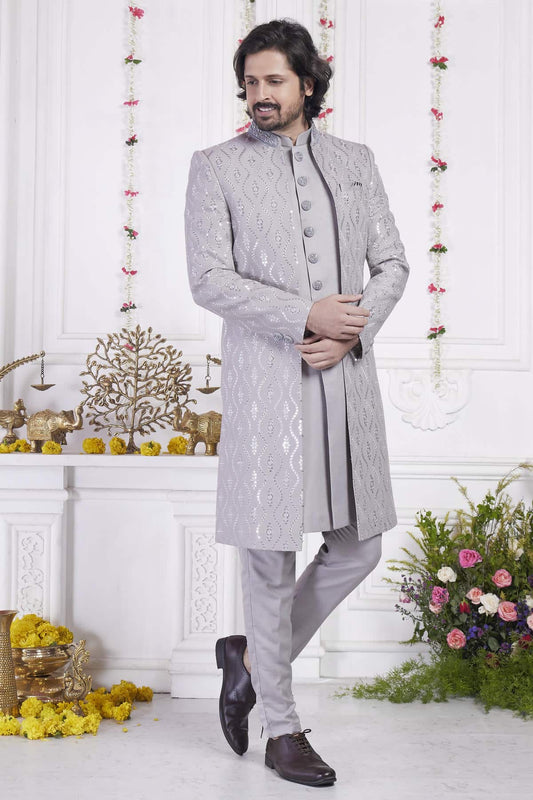 Grey Art Silk Embroidery Work 3 Pcs Jacket Set