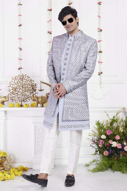 Grey Art Silk Embroidery Work 3 Pcs Jacket Set