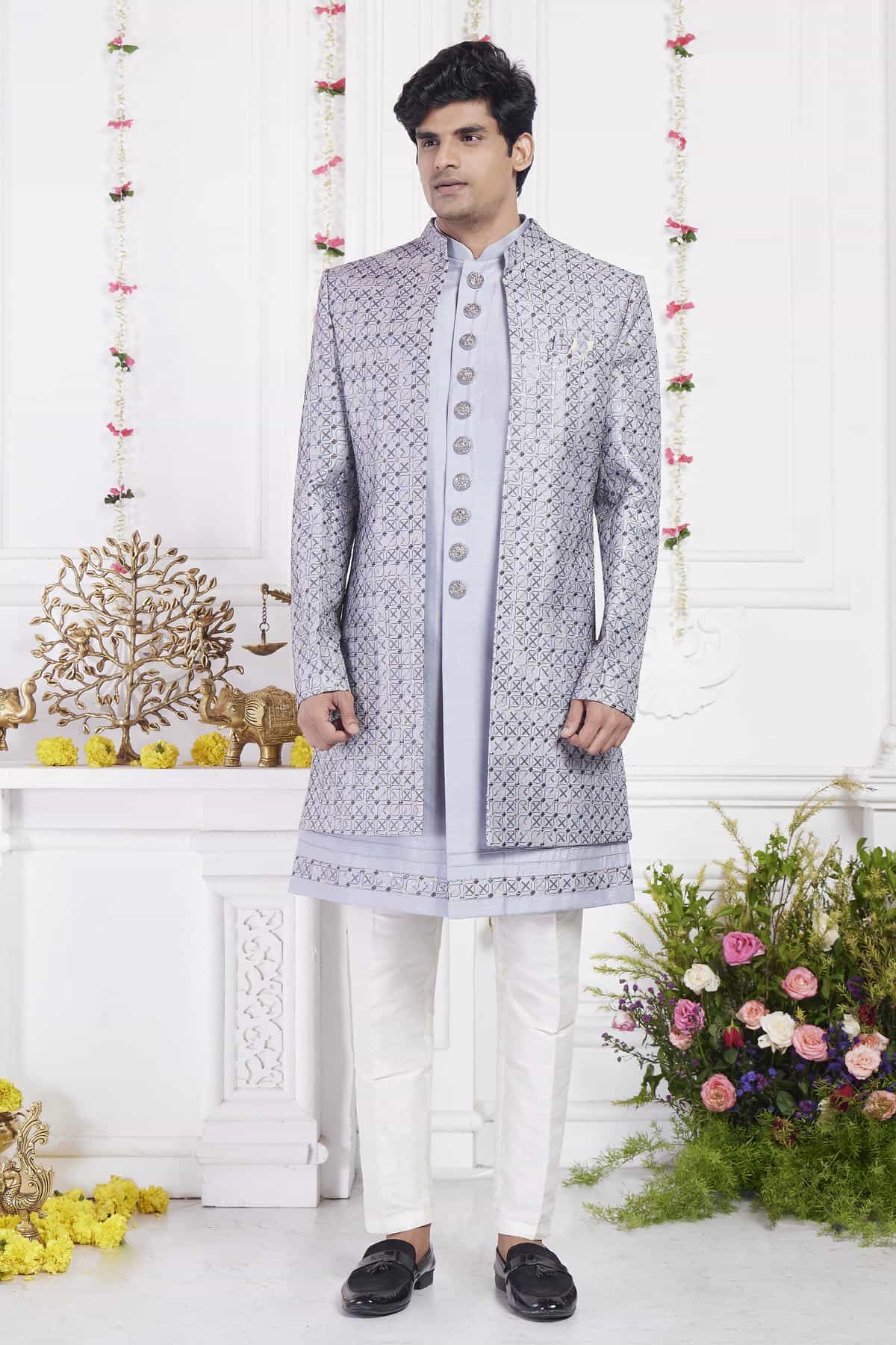 Grey Art Silk Embroidery Work 3 Pcs Jacket Set