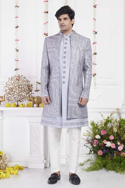 Grey Art Silk Embroidery Work 3 Pcs Jacket Set