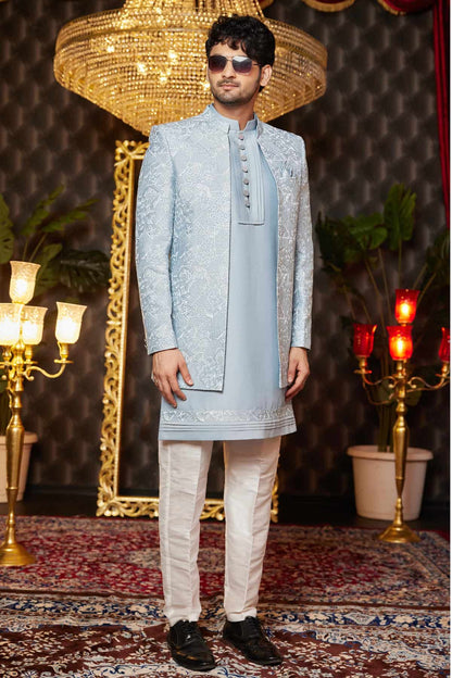 Grey Blue Colour Art Silk Thread Work Embroidery 3 Pcs Kurta Jacket